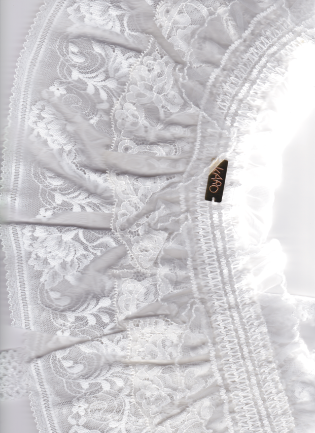 Close-up of a white lace garment side view.
