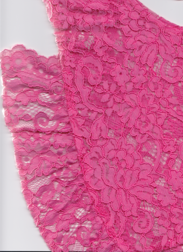 Close-up of pink lace fabric on a white background
